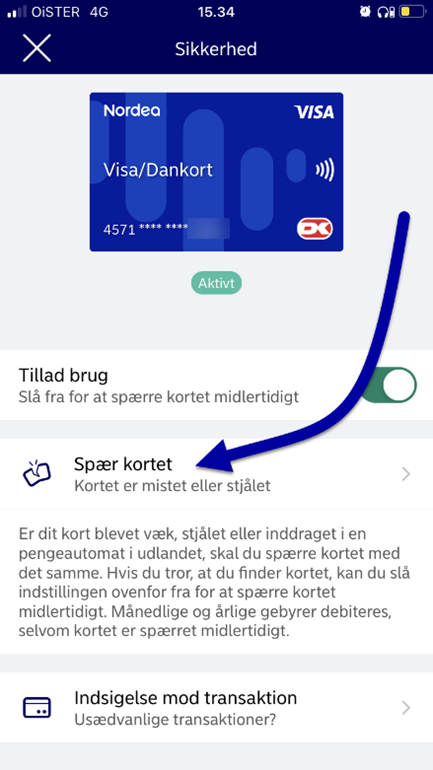 Spærring af kort - mobilbank 3